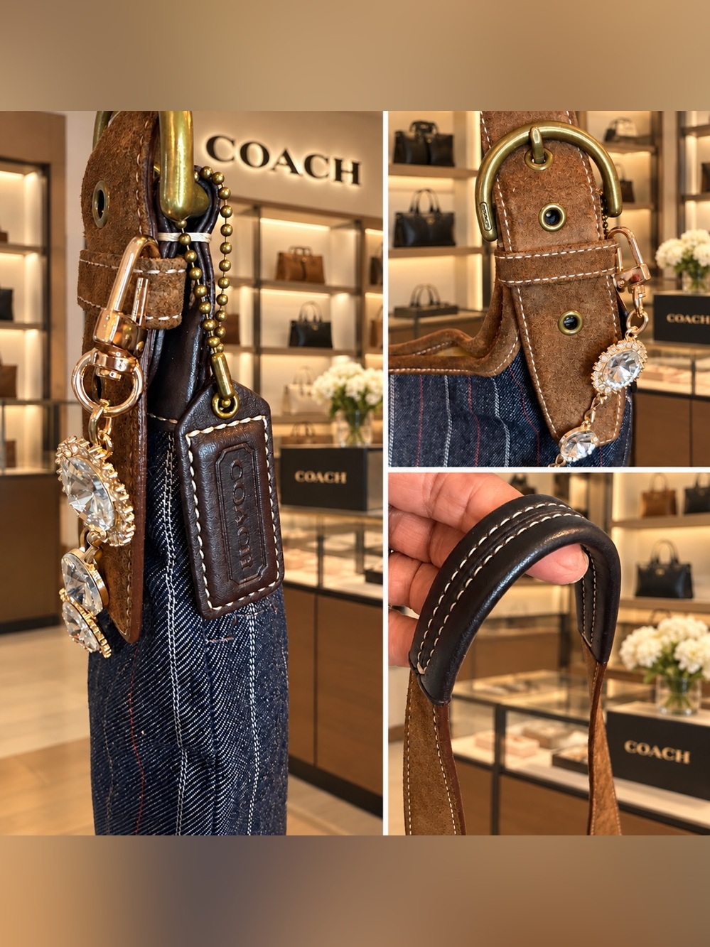 Rare Y2K Vintage Coach Denim Pinstripe Suede Shoulder/Crossbody Bag - Picture 5 of 17